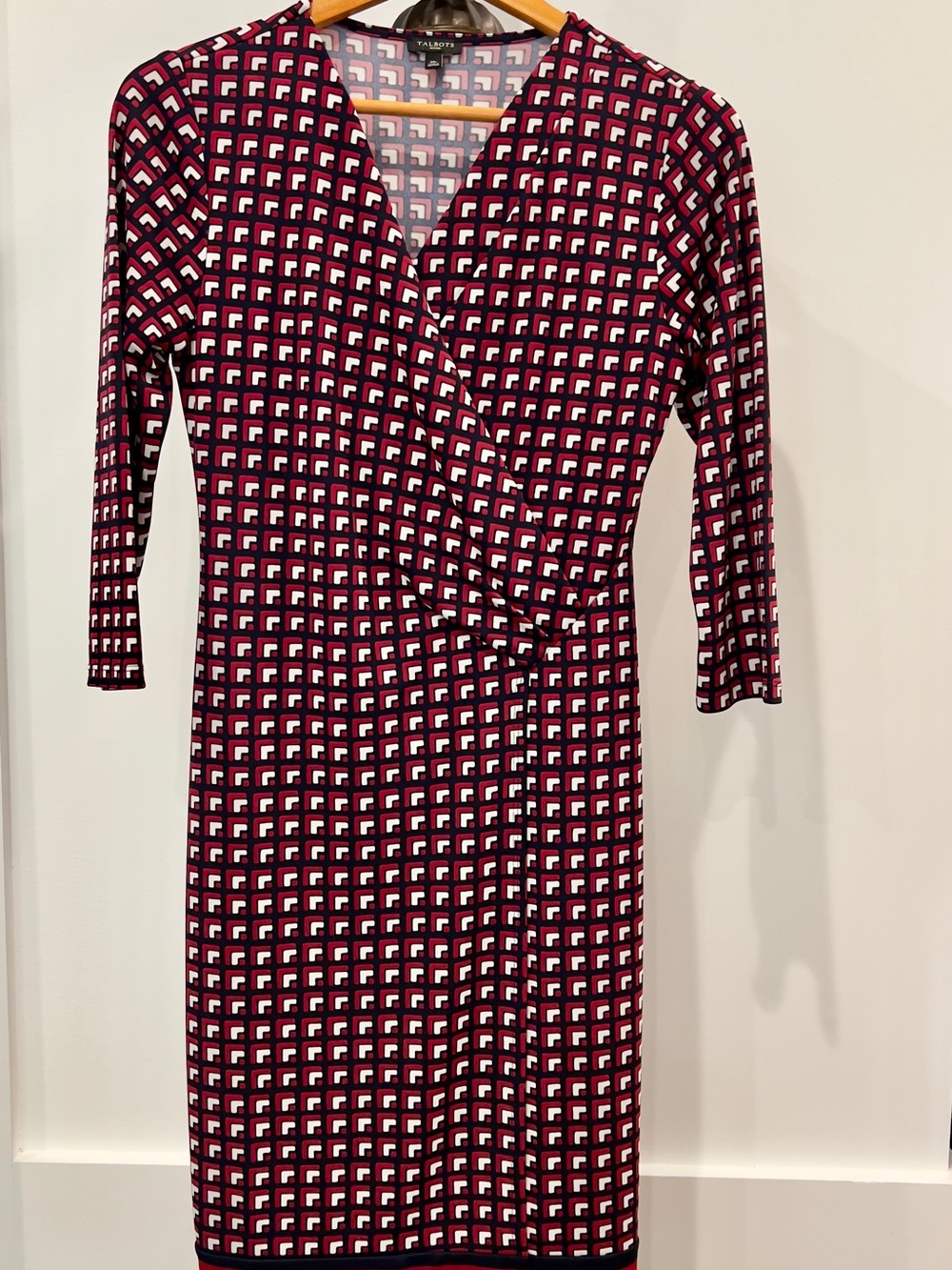 Talbots Burgundy, Dark Navy and White Geometric Wrap-Style Dress